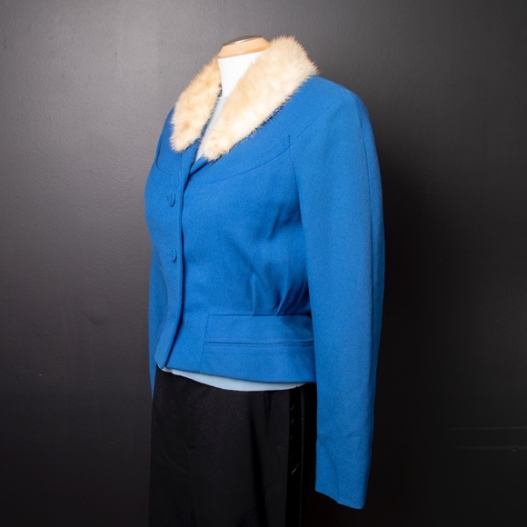 50s Blue Suit Jacket w/ Removable Real Fur collar - Picture 6 of 8